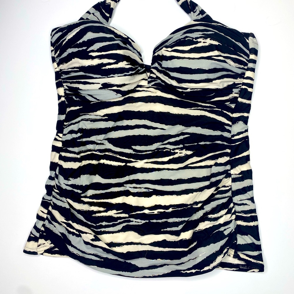Miracle Suit Tankini Top Women's Size 8 Black White Sparkle Zebra Striped Rusche